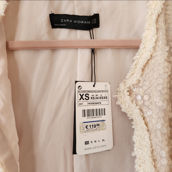 Zara Cream All Over Sequin Open Front Contrasting Trim Jacket - Picture 7 of 7